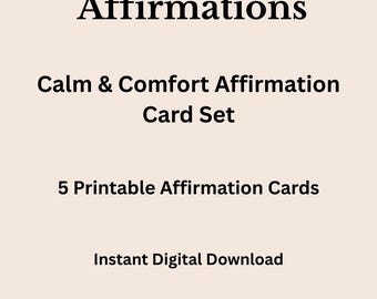 May include: A digital download product with the text "Anxiety Relief Affirmations." The product is a "Calm & Comfort Affirmation Card Set" with 5 printable cards. The text "Instant Digital Download" and the creator's name, "Xhev Writes," are also visible.