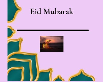 May include: A digital illustration with the text "Eid Mubarak" in black on a light purple background. The image includes a decorative teal and gold border, a black horizontal line, and a small image of a lantern and crescent moon.