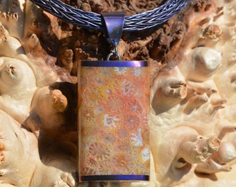 Gem grade Indonesian Petrified Coral set in hand engraved and anodized titanium