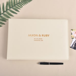 Eco Leather Wedding Guest Book, Landscape Personalized Photo Guestbook for all Instant Photos, Photo Booth Book for 2x6 and 4x6 Photos