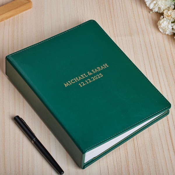 Personalized Wedding Photo Album: Dark Green PU Leather with Gold Foil
