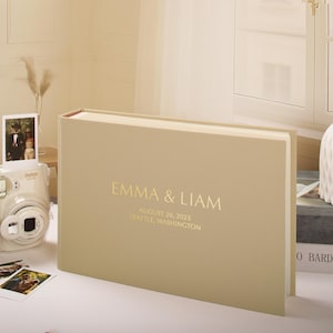 Personalized Wedding Guest Book: Latte Beige Photo Album, Gold Foil