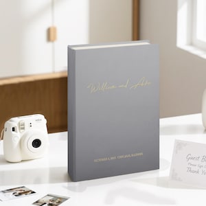 Charcoal Gray Wedding Guest Book | White Pages | Slip-in Photo Album for Instax & Polaroid | Real Gold Foil | Personalized
