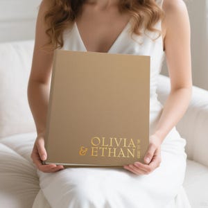 Sandstone Guest Book | Gold Foil Lettering | Personalized Wedding Album | Polaroid & Instax Photo Pockets