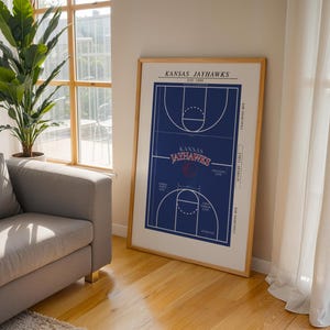Pode incluir: Um poster emoldurado com um diagrama de quadra de basquete em azul e branco, com o texto "Kansas Jayhawks" e "Est. 1898". O poster é exibido em uma sala com um sofá cinza, uma planta grande e uma janela com luz natural.