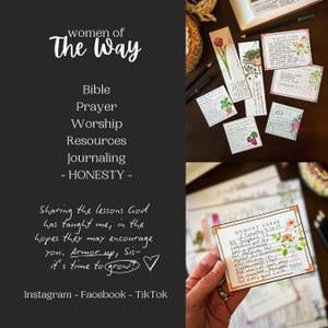 Puede incluir: Una superficie de madera marr&oacute;n oscuro muestra varios elementos relacionados con la fe y el journaling. La imagen incluye notas manuscritas, marcadores con ilustraciones florales y el texto "women of The Way". La imagen tambi&eacute;n incluye el texto "Bible, Prayer, Worship, Resources, Journaling - HONESTY -."