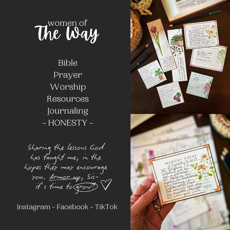 Puede incluir: Una superficie de madera marr&oacute;n oscuro muestra varios elementos relacionados con la fe y el journaling. La imagen incluye notas manuscritas, marcadores con ilustraciones florales y el texto "women of The Way". La imagen tambi&eacute;n incluye el texto "Bible, Prayer, Worship, Resources, Journaling - HONESTY -."