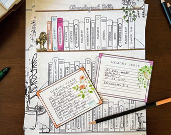 May include: A printable chronological Bible bookshelf with a pink, white, and green floral design. The bookshelf is divided into sections for each book of the Bible. The image includes two memory verse cards with pink and white floral designs. The memory verses are "He has made everything beautiful in its time. Ecclesiastes 3:11" and "All Scripture is breathed out by God and profitable for teaching, for reproof, for correction, for training in righteousness, that the man of God may be complete, equipped for every good work. 2 Timothy 3:16-17".