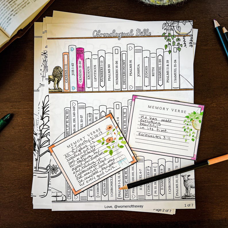 May include: A collection of Bible study pages with a bookshelf design, featuring colorful book spines and handwritten memory verses. Includes a pencil and decorative elements, perfect for journaling and faith-based activities.