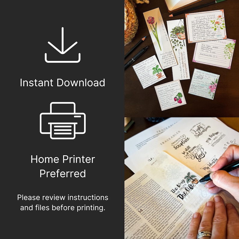 Puede incluir: Materiales de estudio b&iacute;blico imprimibles, que incluyen marcadores y tarjetas de notas, con ilustraciones florales y texto manuscrito. La imagen tambi&eacute;n muestra a una persona escribiendo en una Biblia, con el texto "The Way, The Truth, The Life".