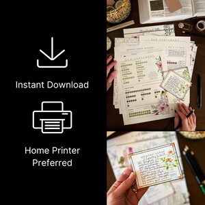 May include: A collection of printable memory verse trackers and note cards. The pages feature floral illustrations and are designed for home printing. The text includes "Instant Download" and "Home Printer Preferred."