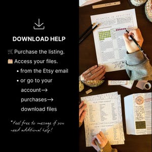 May include: A top-down view of a workspace with printed planner pages, a Bible, and writing utensils. The text "PLANTED IN PETITION" is visible on one page. The image also includes instructions on how to download files.