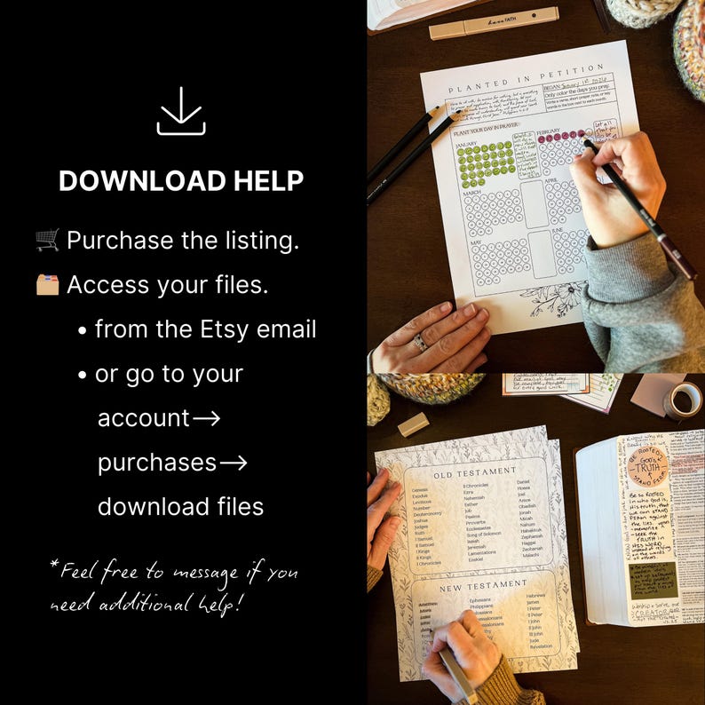 May include: A top-down view of a workspace with printed planner pages, a Bible, and writing utensils. The text "PLANTED IN PETITION" is visible on one page. The image also includes instructions on how to download files.