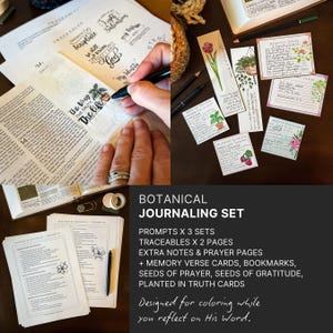 May include: A botanical journaling set with prompts, traceables, extra notes, memory verse cards, bookmarks, and seeds of prayer cards. The set includes a pen, pencils, and a journal. The text on the image says "Designed for coloring while you reflect on His Word."