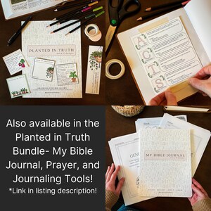 Puede incluir: Una colecci&oacute;n de art&iacute;culos de papeler&iacute;a, que incluyen un diario, tarjetas y un marcap&aacute;ginas, con los textos "PLANTED IN TRUTH" y "MY BIBLE JOURNAL". Los art&iacute;culos presentan ilustraciones bot&aacute;nicas y est&aacute;n acompa&ntilde;ados de l&aacute;pices, tijeras y cinta adhesiva. Tambi&eacute;n es visible el texto "Also available in the Planted in Truth Bundle".