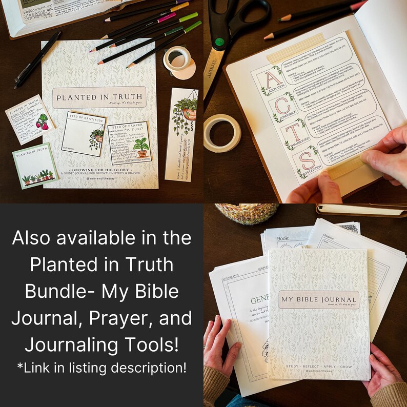 Puede incluir: Una colecci&oacute;n de art&iacute;culos de papeler&iacute;a, que incluyen un diario, tarjetas y un marcap&aacute;ginas, con los textos "PLANTED IN TRUTH" y "MY BIBLE JOURNAL". Los art&iacute;culos presentan ilustraciones bot&aacute;nicas y est&aacute;n acompa&ntilde;ados de l&aacute;pices, tijeras y cinta adhesiva. Tambi&eacute;n es visible el texto "Also available in the Planted in Truth Bundle".