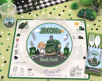 Trash Truck Party Table Setting Bundle, Trash Bash Birthday Party Decor, Garbage Truck Plates Cups Napkins Placemats Utensils