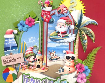 Christmas Beach Cake Topper, Christmas in July Cake Topper, Tropical Santa Birthday, Sunny Christmas Party, Santa at the Beach Party