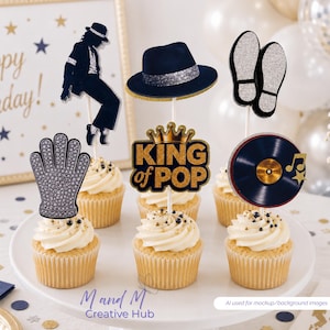 May include: A set of six cupcake toppers featuring musical icons including a silhouette of a dancer, a black fedora with a silver band, a glittery glove, a gold crown, the text King of Pop, and a vinyl record with a musical note and star.
