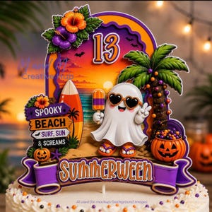 May include: A layered cake topper featuring a white ghost wearing heart-shaped sunglasses and flip-flops, holding a popsicle. It includes a palm tree, a surfboard, a jack-o'-lantern, and signs reading Spooky Beach, Surf, Sun & Screams, with the text 13 and Summerween.
