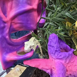 May include: A reptile habitat with a crested gecko. The habitat features pink and purple decorative structures, artificial plants, and a small food dish. The gecko is light-colored and perched near the dish.