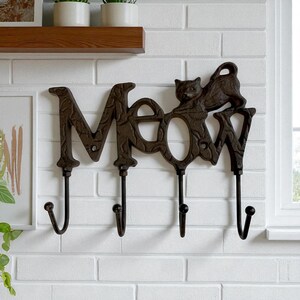 Meow Cat Hook Rack, Cast Iron 4-Hook Wall Mount for Coats and Keys, 8"