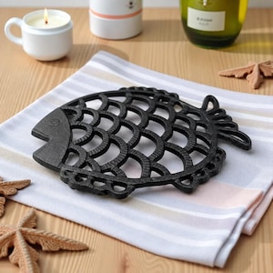 Fish Trivet and Pot Holder, Black Cast Iron for Coastal Kitchen, 7.7"