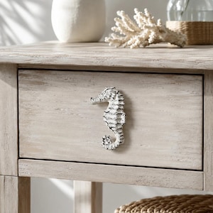 Seahorse Drawer Pull, Distressed White Cast Iron Cabinet Knob, 2.8"