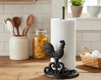 Rooster Paper Towel Holder, Cast Iron Farmhouse Kitchen, 12.5"