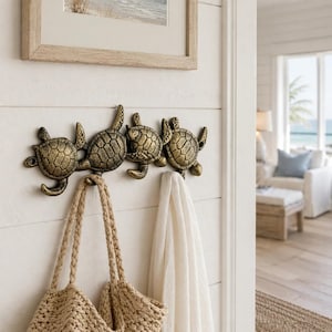 Sea Turtle 4-Hook Rack, Cast Iron Coastal Wall Hooks, 8.5"