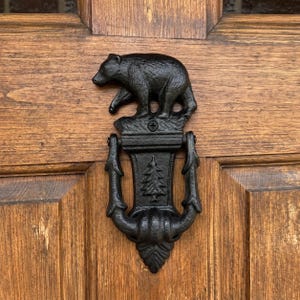 Bear Door Knocker, Black Cast Iron Entry Hardware, 7.3"