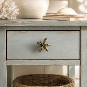 Starfish Cabinet Knob, Weathered Brass Cast Iron Drawer Pull, 3"