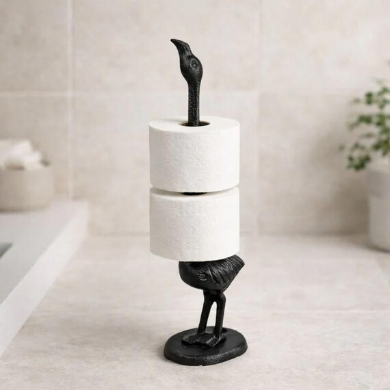 Flamingo Toilet Paper Holder, Black Cast Iron Bathroom Decor, 17.5"