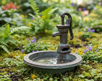 Water Pump Bird Bath, Rustic Cast Iron Garden and Patio Decor