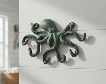 Octopus Wall Hook, Green Bronze Cast Iron for Coats, Keys or Towels, 9.7"