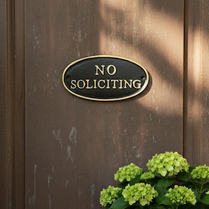 May include: An oval, black metal sign with gold trim and the words "NO SOLICITING" in gold lettering. The sign is mounted on a brown wooden door. Green hydrangea flowers are at the bottom of the image.