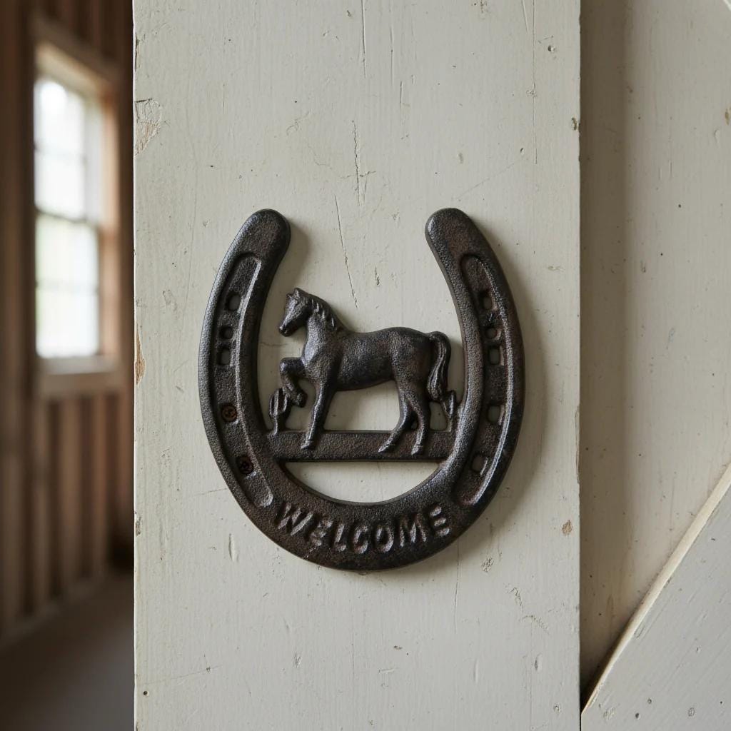 Cast Iron Horseshoe Star Welcome Plaque – Rustic Ranch Cowboy Wall Decor – Brown