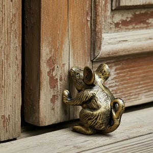 Mouse Door Stop and Bookend, Antique Gold Cast Iron Shelf Decor