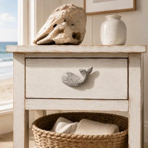 Whale Cabinet Knob, Weathered White Cast Iron Drawer Pull, 3"