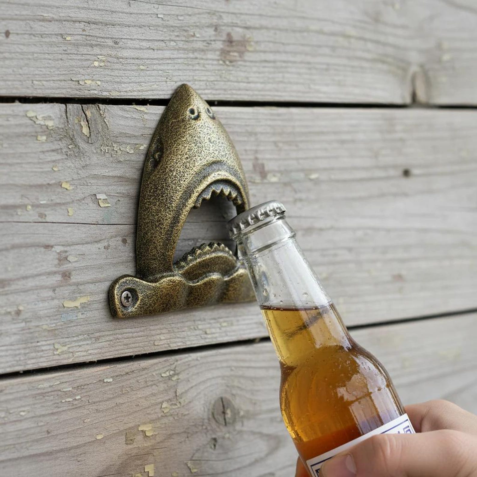 Shark Bottle Opener, Wall Mounted Cast Iron, Aged Brass, 3.8"