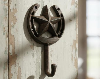 Star and Horseshoe Wall Hook, Cast Iron for Coats, Keys or Leashes, 6.3"