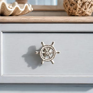 Ship Wheel Cabinet Knob, Distressed White Cast Iron Drawer Pull, 2.8"