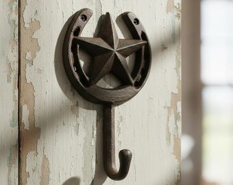Star and Horseshoe Wall Hook, Cast Iron for Coats, Keys or Leashes, 6.3"