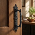 Door Handle with Ornate Backplate, Black Cast Iron Pull, 9"