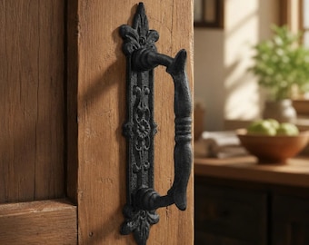 Door Handle with Ornate Backplate, Black Cast Iron Pull, 9"