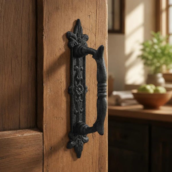 Door Handle with Ornate Backplate, Black Cast Iron Pull, 9"