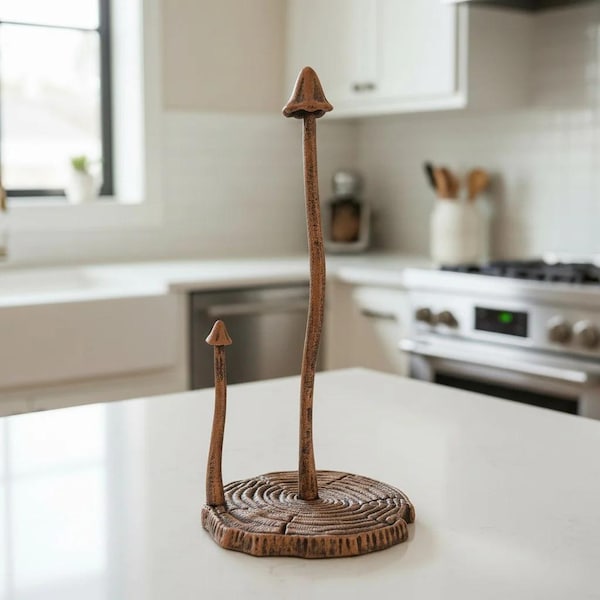 Mushroom Paper Towel Holder, Rustic Copper Cast Iron Kitchen Decor