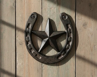 Star and Horseshoe Wall Plaque, Western Cast Iron Decor, 5.1"