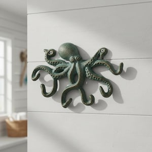 Octopus Wall Hook, Green Bronze Cast Iron for Coats, Keys or Towels, 9.7"