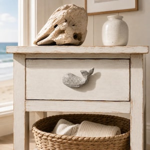 Whale Cabinet Knob, Weathered White Cast Iron Drawer Pull, 3"